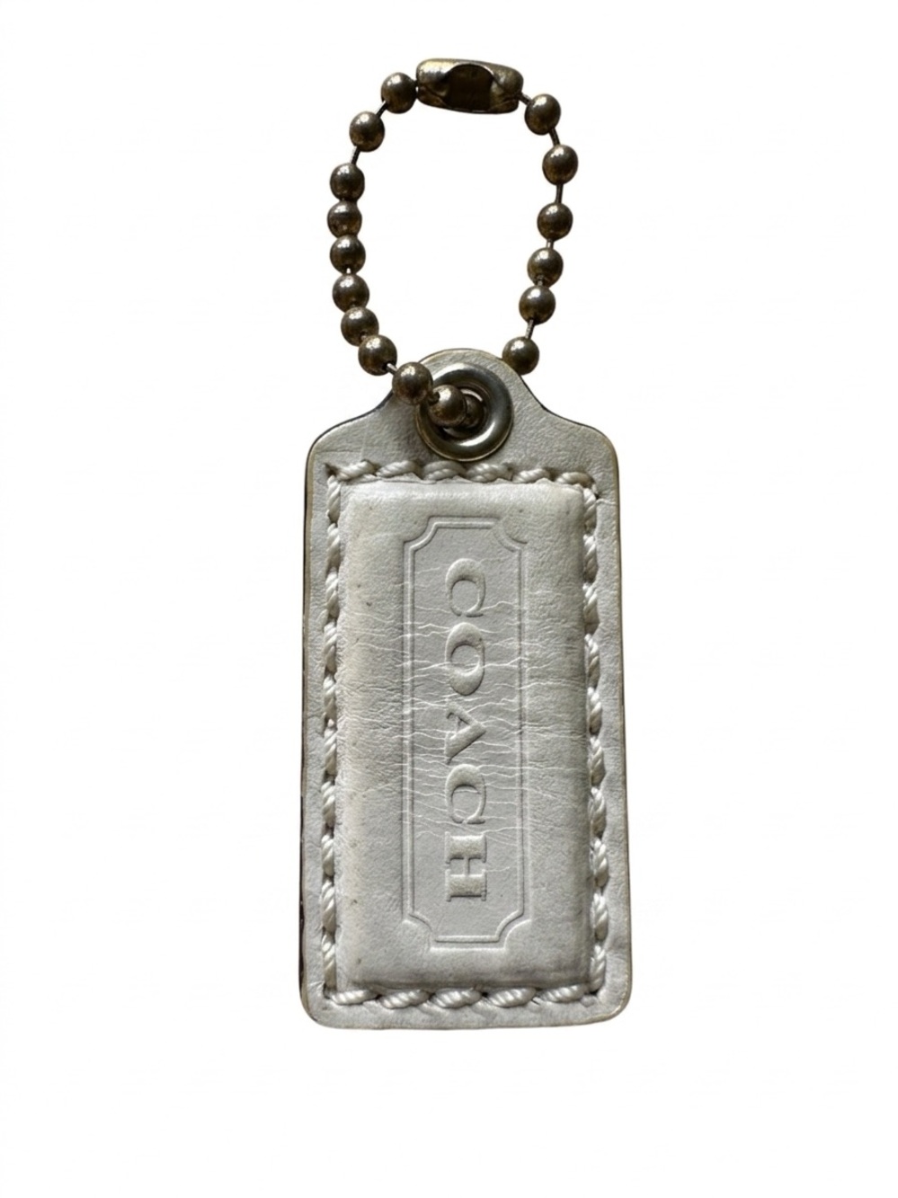 Authentic Coach Chalk-White Leather Hangtag Charm Heavy Stitch Silver Chain 2.5”